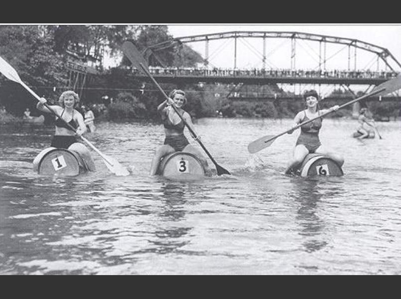 Women’s’ wine barrel race in 1946 in the Russian River at Healdsburg