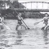 Women’s’ wine barrel race in 1946 in the Russian River at Healdsburg